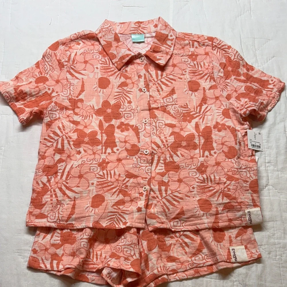 NWT Disney Moana 2‎ Girls XL 14 Cotton Gauze Play Set Shirt Shorts Coral
